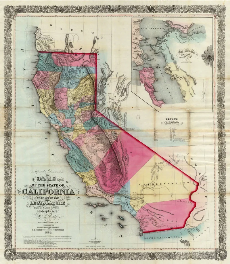 1863 official map of California with capitals marked